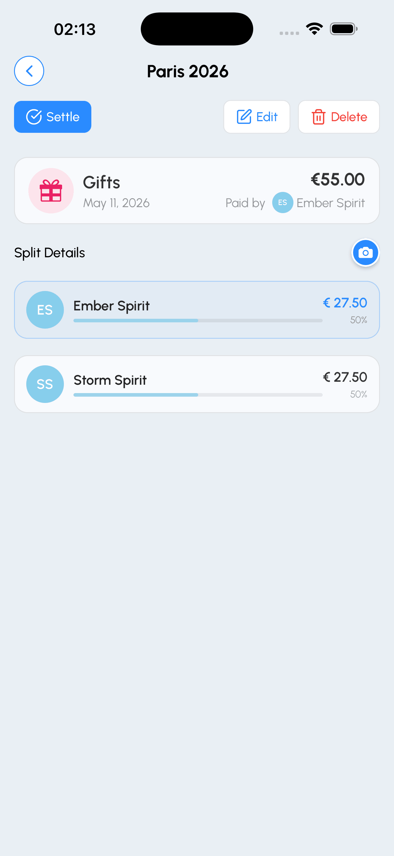 Splitap expense details screen with payer, split breakdown, receipt, and notes