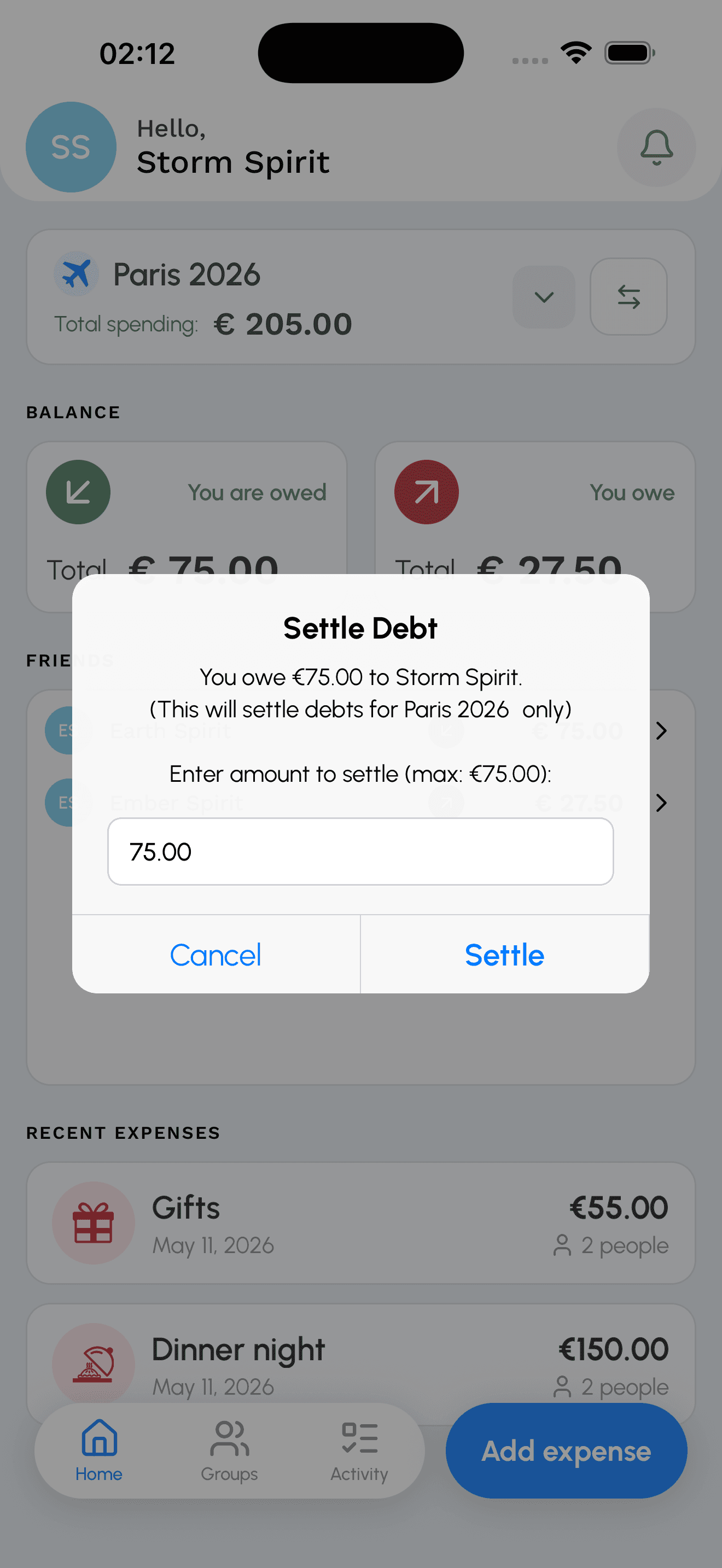 Splitap friend settlement screen showing balance history and one-tap payment recording