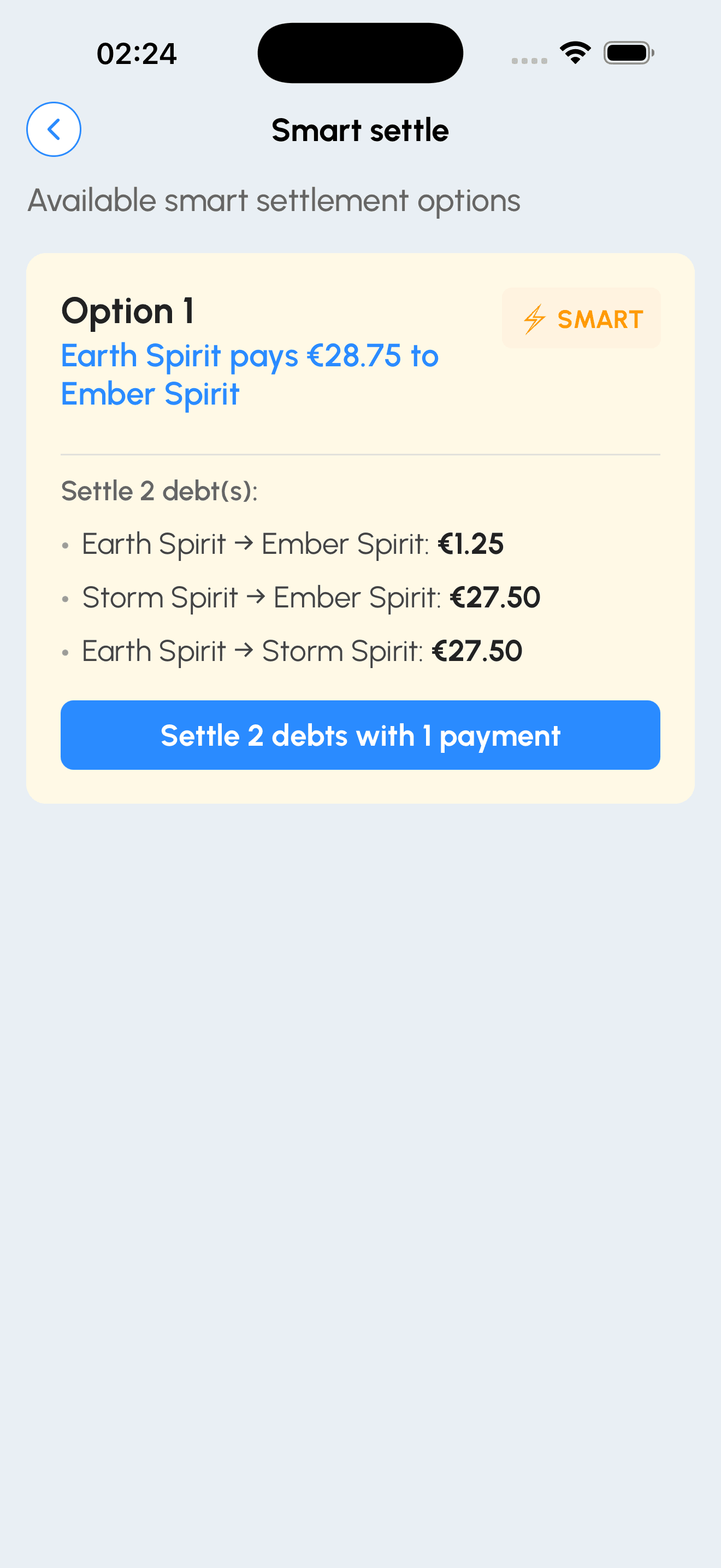 Splitap Smart Settle screen calculating the minimum transactions to settle group debts